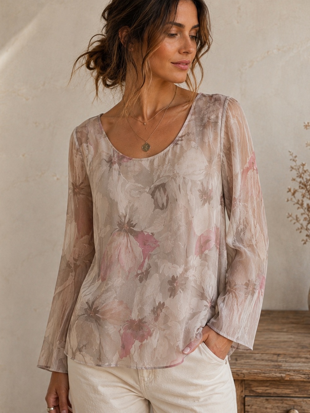 100% Silk Floral Layered Blouse Taupe Pink Sheer Sleeve